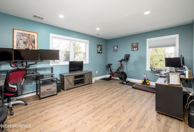 home office featuring visible vents, recessed lighting, baseboards, and hardwood / wood-style flooring