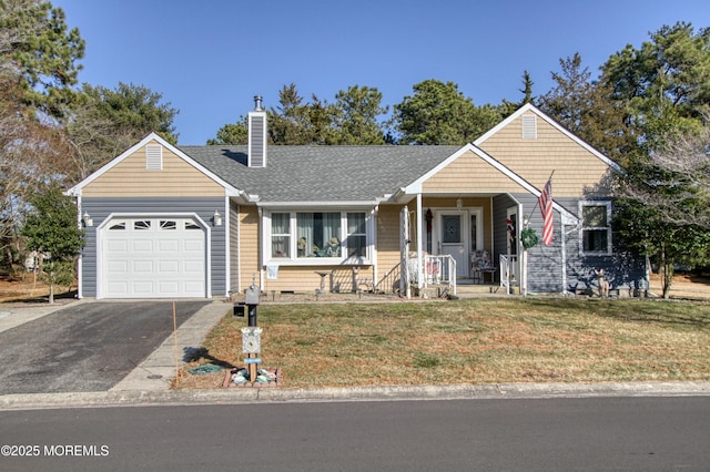 view of front of home featuring a garage, a chimney, aphalt driveway, roof with shingles, and a front lawn