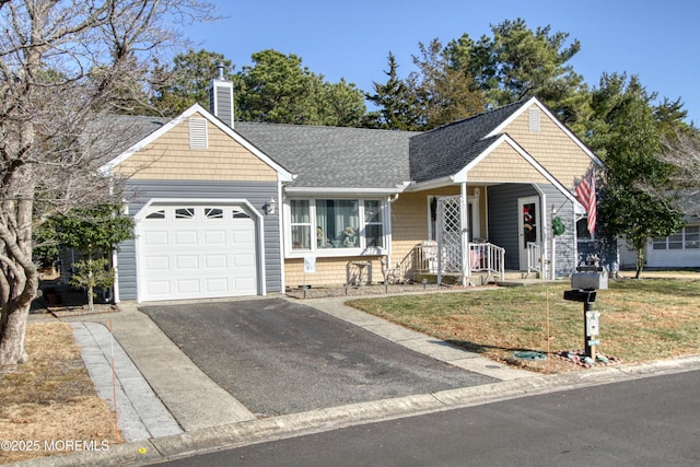 single story home featuring a garage, a chimney, aphalt driveway, roof with shingles, and a front lawn