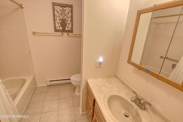 bathroom with toilet, baseboard heating, vanity,  shower combination, and tile patterned floors