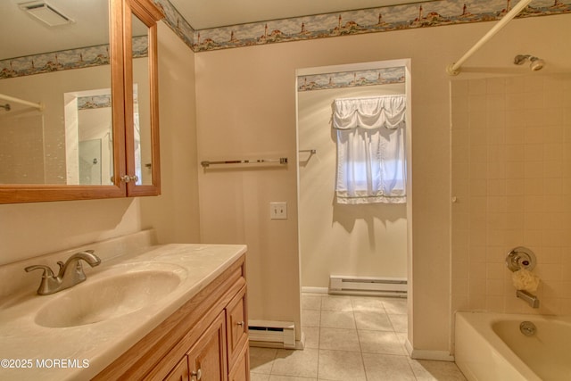 full bathroom with a baseboard radiator, visible vents, tile patterned flooring, and shower / bathing tub combination