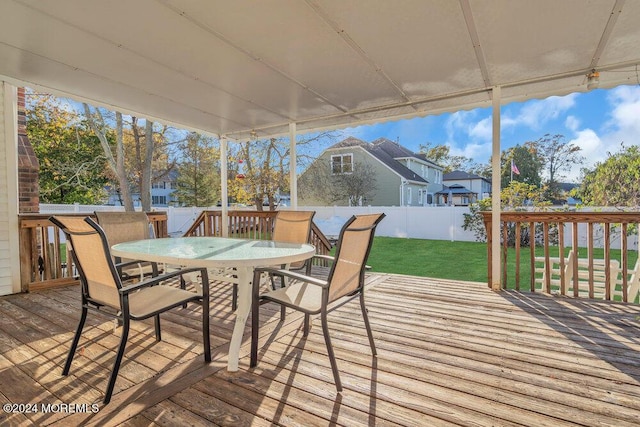 wooden terrace with a lawn, outdoor dining area, and a fenced backyard