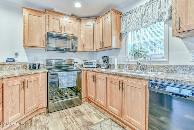 kitchen featuring light brown cabinets, a sink, black dishwasher, light wood-type flooring, and stainless steel electric stove