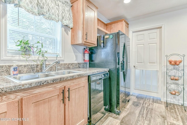 kitchen with light countertops, crown molding, light brown cabinetry, black appliances, and a sink