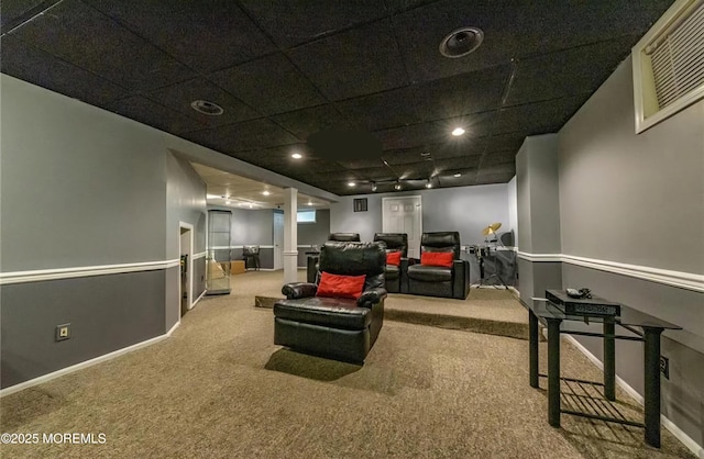 carpeted home theater with recessed lighting, visible vents, and baseboards