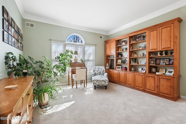 living area with light carpet, ornamental molding, and visible vents