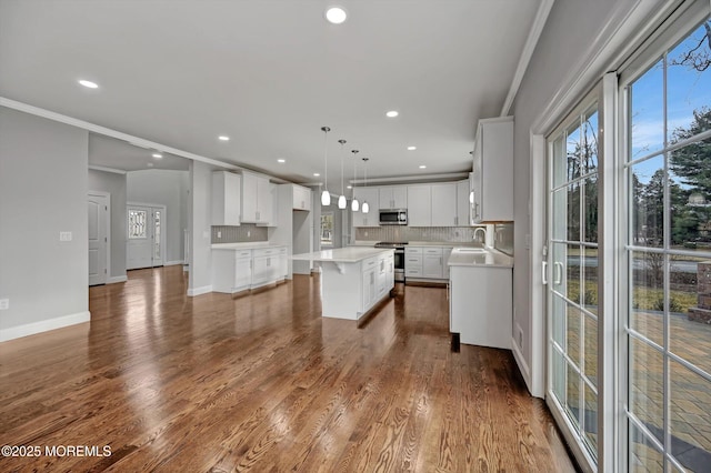 kitchen with a sink, stainless steel appliances, dark wood-type flooring, and tasteful backsplash