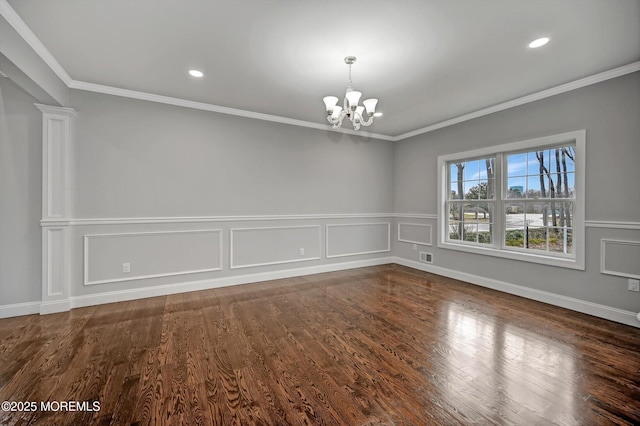 unfurnished room featuring visible vents, crown molding, a chandelier, recessed lighting, and wood finished floors