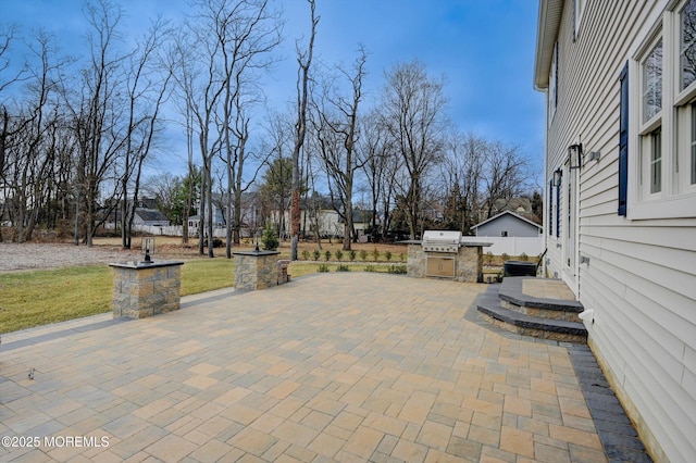 view of patio featuring an outdoor kitchen and a grill