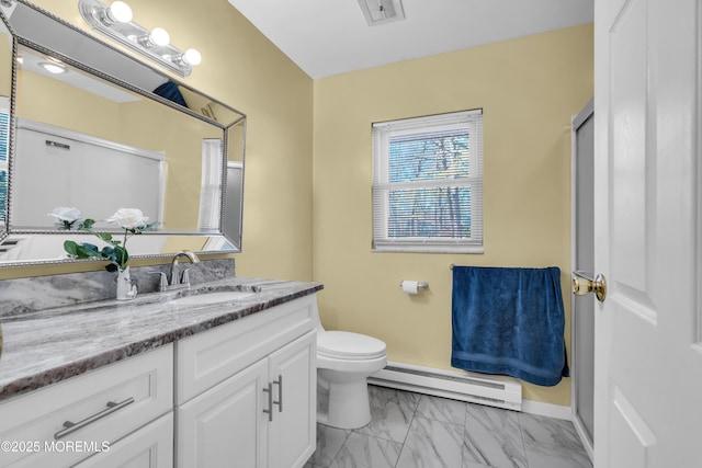 full bath featuring marble finish floor, visible vents, toilet, baseboard heating, and vanity