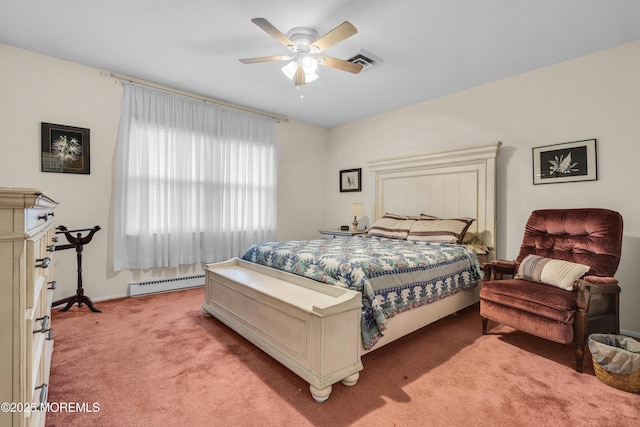 bedroom with visible vents, a baseboard heating unit, a ceiling fan, light carpet, and baseboards