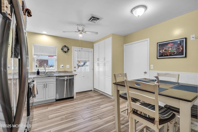 kitchen featuring visible vents, appliances with stainless steel finishes, light wood-style floors, white cabinets, and a sink