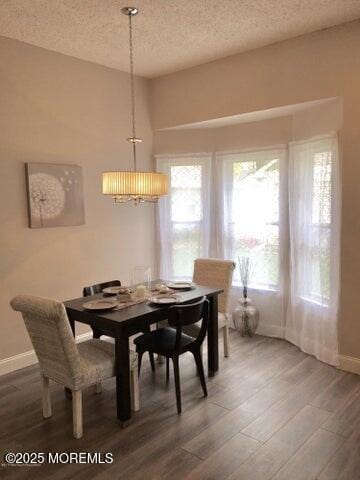 dining space with a textured ceiling, baseboards, and wood finished floors