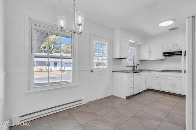 kitchen featuring white appliances, visible vents, white cabinets, under cabinet range hood, and baseboard heating