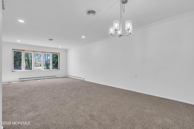 unfurnished room with visible vents, carpet floors, a baseboard heating unit, a notable chandelier, and baseboard heating