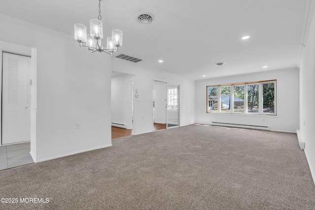 unfurnished living room with a baseboard heating unit, carpet, visible vents, and a baseboard radiator