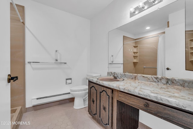 full bath featuring tile patterned flooring, toilet, a shower, and a baseboard heating unit