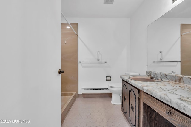 bathroom featuring tile patterned floors, toilet, a baseboard radiator, walk in shower, and vanity