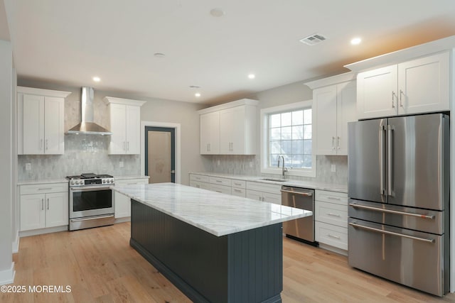 kitchen with stainless steel appliances, white cabinets, a kitchen island, and wall chimney range hood