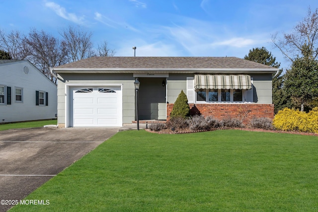 ranch-style house with driveway, a shingled roof, a front yard, an attached garage, and brick siding