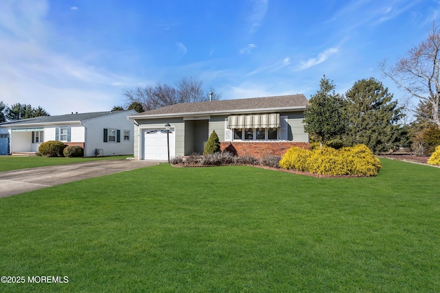 ranch-style house featuring a garage, brick siding, concrete driveway, and a front lawn