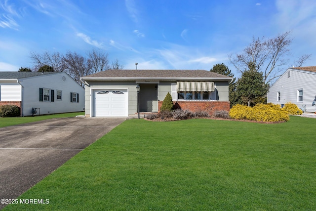 single story home with a garage, brick siding, a front lawn, and aphalt driveway