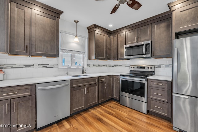 kitchen featuring light wood finished floors, a sink, dark brown cabinetry, appliances with stainless steel finishes, and backsplash