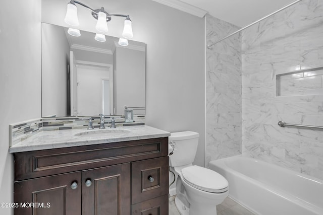 bathroom featuring vanity, toilet, bathtub / shower combination, and crown molding