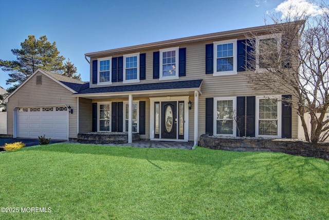 view of front of house featuring a garage and a front lawn