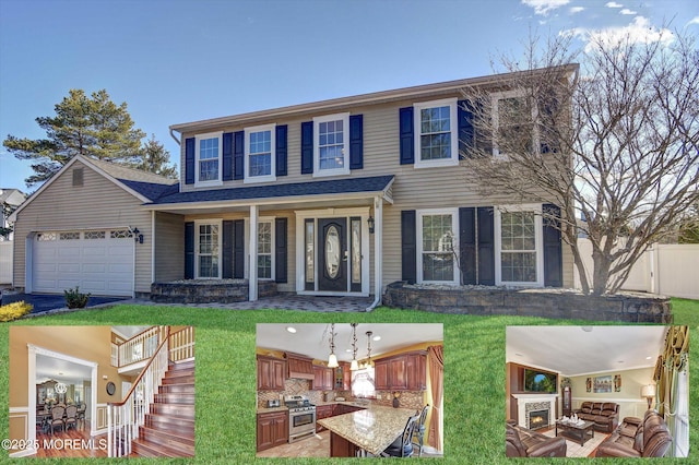 colonial house with a garage, a front yard, and an outdoor living space