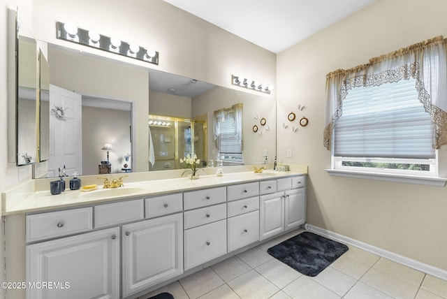 bathroom featuring a stall shower, tile patterned flooring, a sink, and double vanity