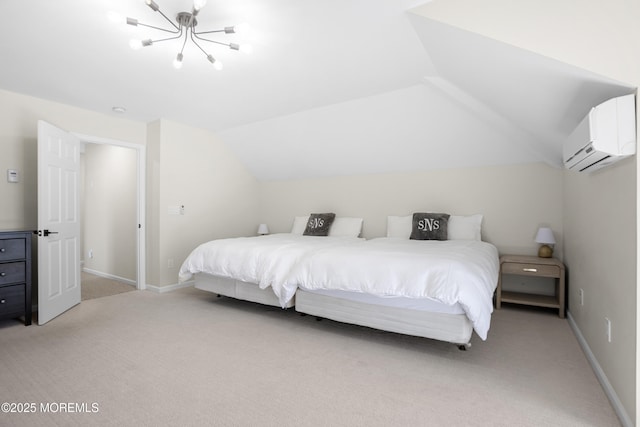 bedroom with baseboards, light colored carpet, vaulted ceiling, an AC wall unit, and a chandelier