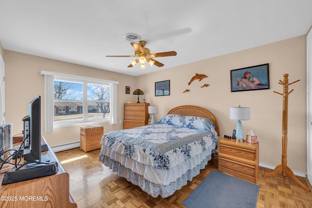 bedroom featuring ceiling fan, baseboard heating, and baseboards