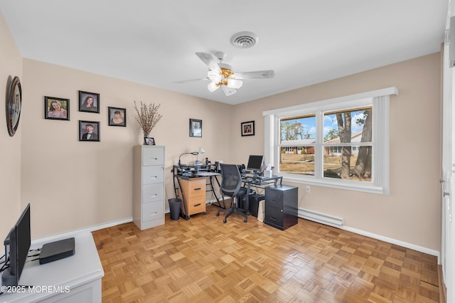 office area featuring a ceiling fan, baseboards, visible vents, and baseboard heating