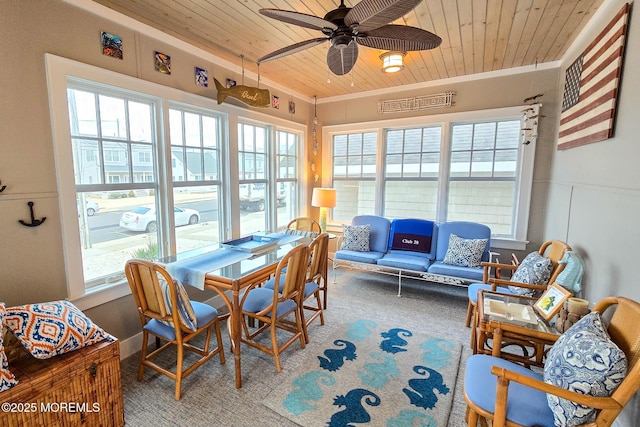 sunroom with wood ceiling and ceiling fan