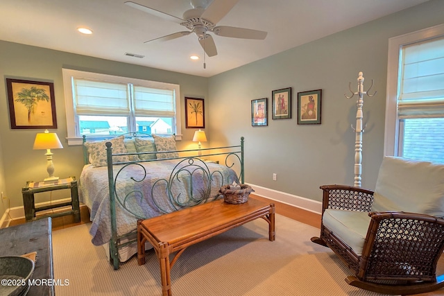 bedroom featuring recessed lighting, visible vents, baseboards, and ceiling fan