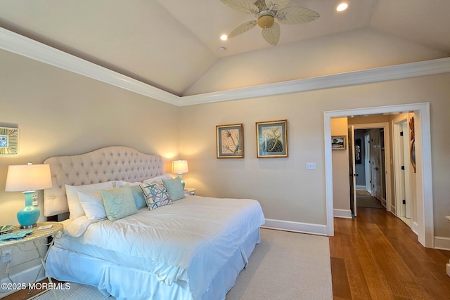 bedroom featuring recessed lighting, baseboards, lofted ceiling, and wood finished floors