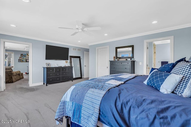 bedroom featuring visible vents, a ceiling fan, carpet flooring, crown molding, and baseboards