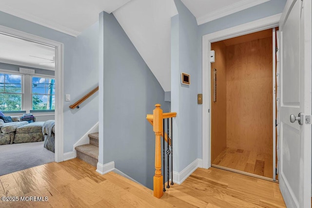 stairs featuring baseboards, wood finished floors, and ornamental molding