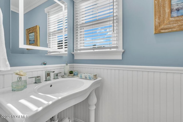 bathroom featuring ornamental molding and wainscoting