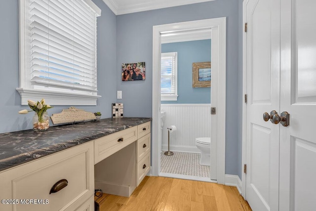 bathroom featuring vanity, wood finished floors, a wainscoted wall, ornamental molding, and toilet