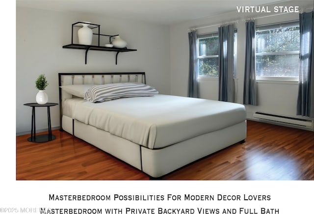 bedroom featuring a baseboard heating unit and wood finished floors