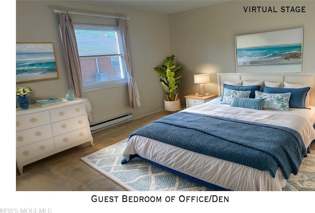 bedroom featuring wood finished floors and a baseboard heating unit