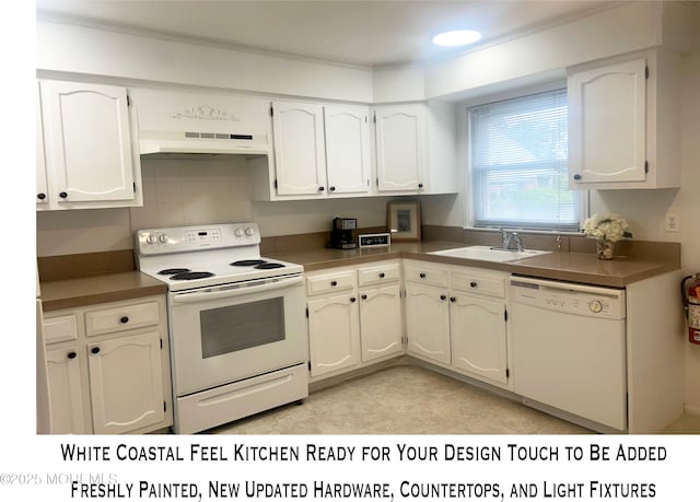 kitchen with white cabinetry, white appliances, under cabinet range hood, and a sink