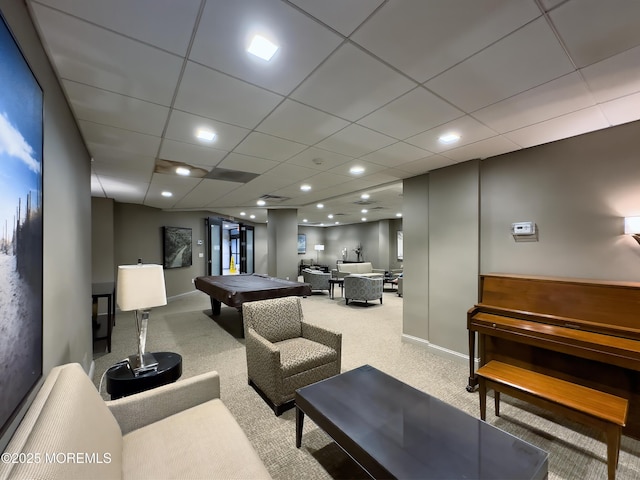 recreation room with carpet floors, pool table, a drop ceiling, and recessed lighting