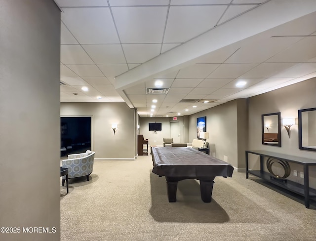 recreation room with carpet floors, baseboards, visible vents, and recessed lighting