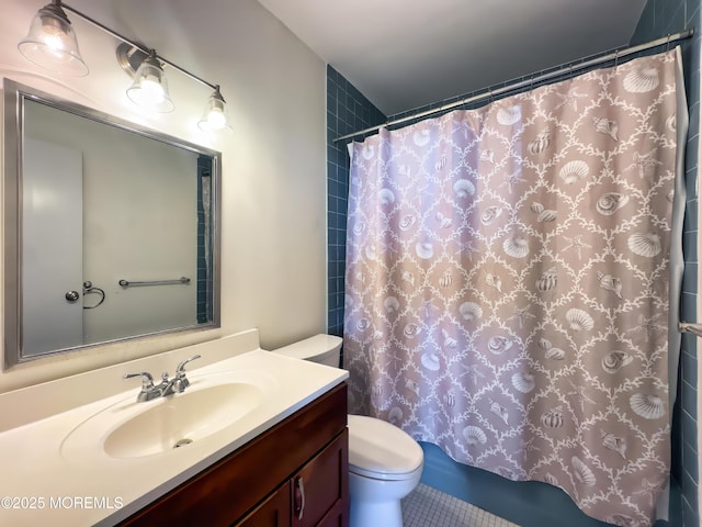 full bathroom with vanity, toilet, and shower / bathtub combination with curtain