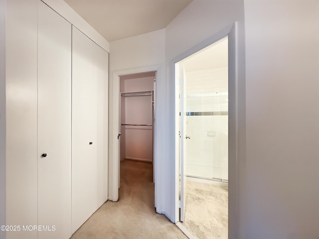 hall with light colored carpet