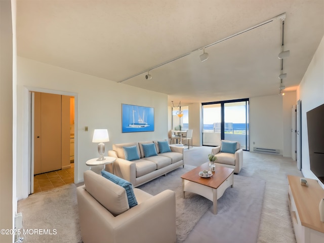 living room featuring a baseboard radiator, rail lighting, and light carpet