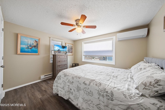 5909 Ocean Blvd, Long Beach Twp, NJ 08008 - bedroom with baseboards, dark wood-style flooring, a wall mounted air conditioner, a textured ceiling, and a baseboard heating unit